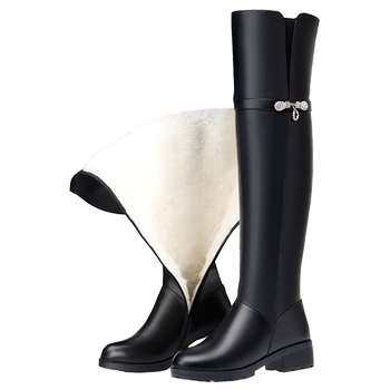 Genuine leather boots, high knee-high, wool thick soles, slimming