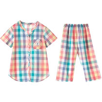 Dalli pajamas womens summer short-sleeved mid-pants pure cotton woven plaid summer thin cropped pants home wear set