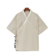 Chinese style cross-collar half-arm mens improved Hanfu cotton and linen ancient costume Taoist robes Chinese style retro Zen meditation male lay monk clothes