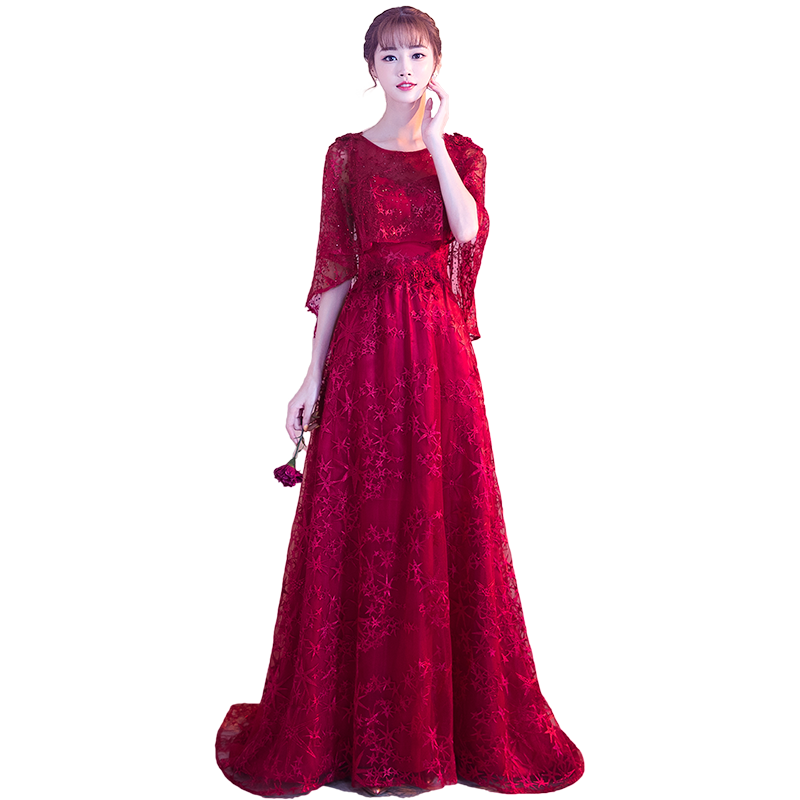 敬酒服新娘2025新款酒红色结婚订婚蕾丝网纱拖尾晚礼服裙女高级感