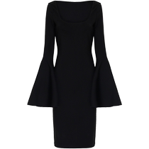 DPLAY Depala 2018 winter new European and American black u-neck large trumpet sleeve slim slimming dress