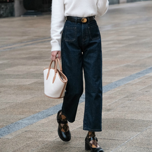 复古法式棉质宽松高腰原色直筒牛仔裤女