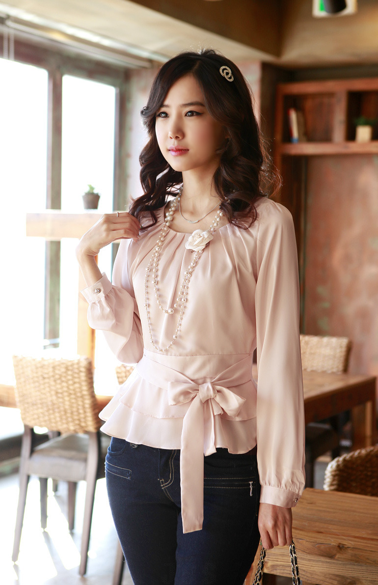Đầm xuân hè 2018 nữ mới phiên bản Hàn Quốc của các quý cô tay áo phồng tay dài áo voan satin - Áo sơ mi dài tay áo sơ mi nữ dài tay công sở