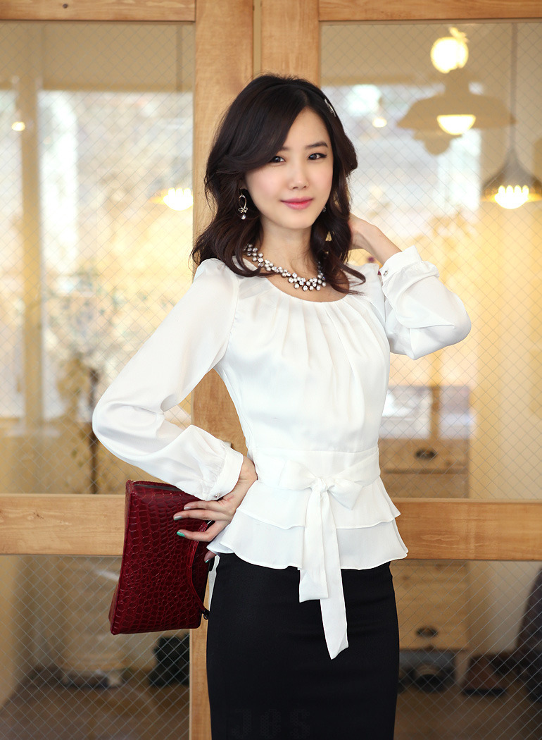 Đầm xuân hè 2018 nữ mới phiên bản Hàn Quốc của các quý cô tay áo phồng tay dài áo voan satin - Áo sơ mi dài tay áo sơ mi nữ dài tay công sở