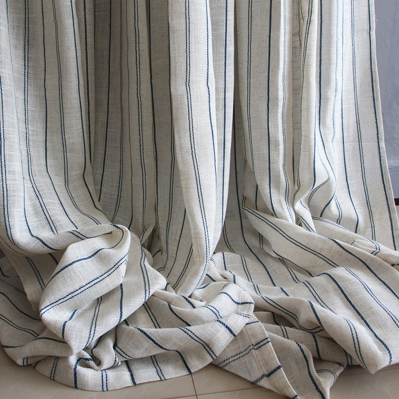 外贸条纹涤麻亚麻北欧窗帘成品隔断布料能够定制挂钩款卧室阳台落地