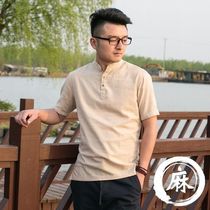 Summer stand-up collar linen shirt Chinese style mens plate button short-sleeved T-shirt mens solid color V-neck Chinese style Tang suit summer mid-sleeve