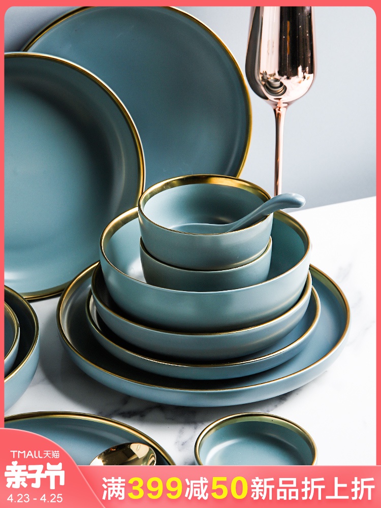 Selley high -- grade matte enrolled blue ceramic tableware suit western - style food dish dish bowl suit household use plates spoon, chopsticks tableware