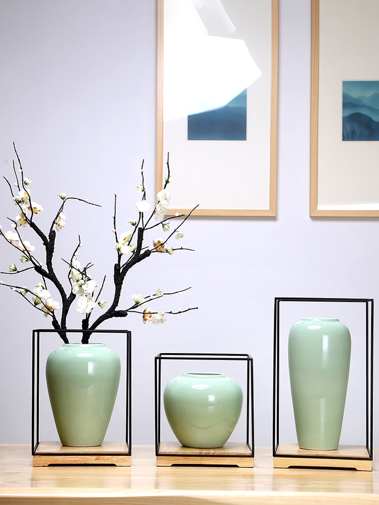 Jingdezhen ceramics vase cyan creative manual Chinese flower arranging the study furnishing articles handicraft suit sitting room