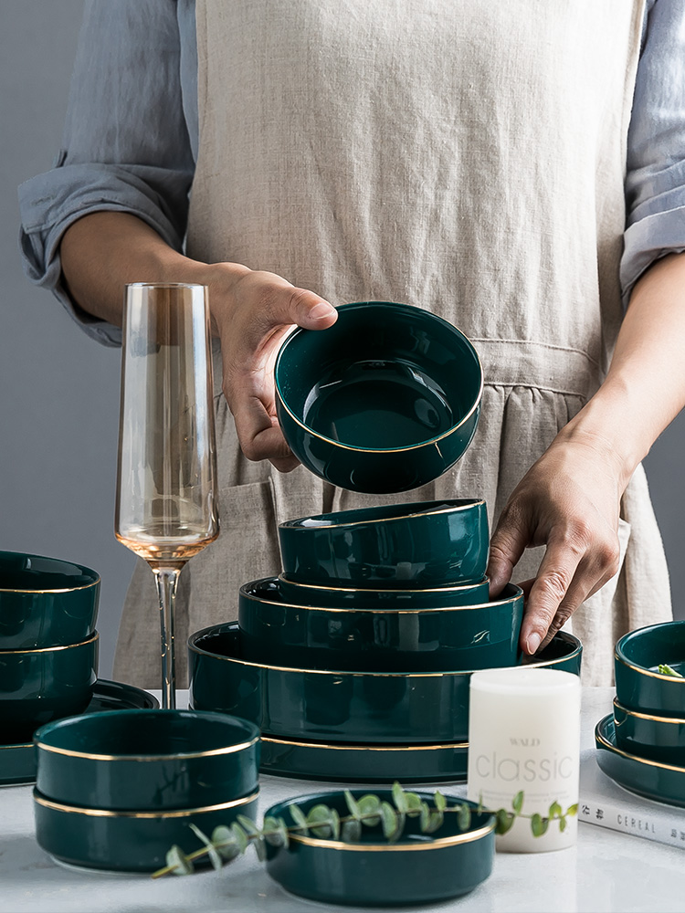 The dishes suit rice bowl chopsticks dishes home creative move web celebrity ins Nordic light key-2 luxury emerald ceramic tableware