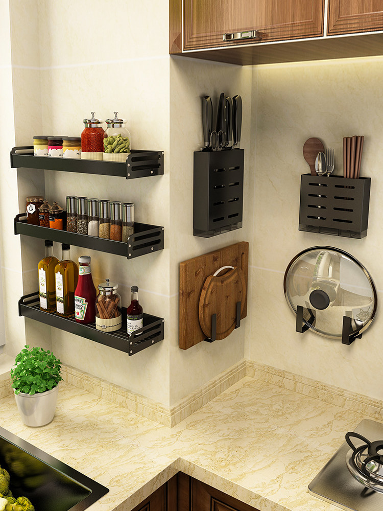 kệ bếp inox treo tường Giá nhà bếp miễn phí đấm treo tường gia vị gia vị cung cấp Daquan giá dao giá đa chức năng lưu trữ giá kệ góc hafele kệ để gia vị nhà bếp