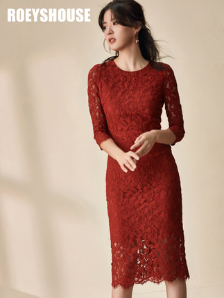 罗衣原创蕾丝连衣裙女2018秋装新款气质红色