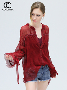 COCOBELLA rượu vang đỏ xếp li voan áo sơ mi nữ dài tay ren khâu xếp li cổ áo sơ mi KT236