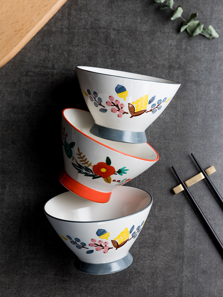 Ceramic bowl Japanese rural wind individual creative move household hat to tall foot cup noodles bowl of rice bowls cutlery set