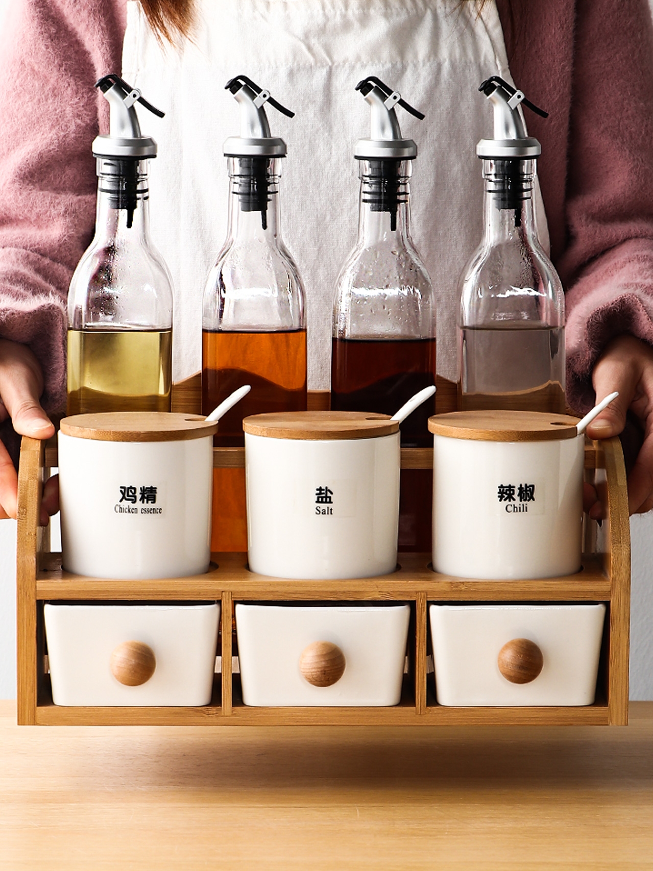 Ceramic condiment boxed set kitchen seasoning as cans leakproof household glass oil combination seasoning box