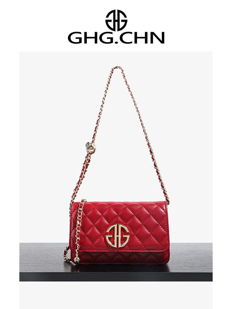 Han Gu'er's light luxury niche holiday gift women's bag wine red high-end diamond grid small golden ball refining bar crossbody bag