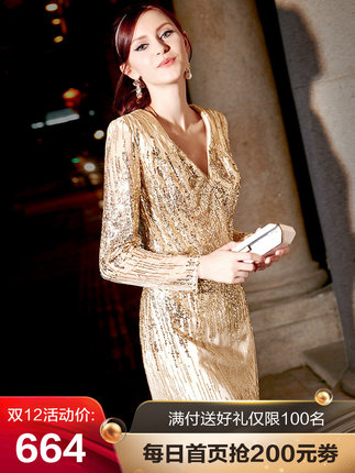 礼服裙女2018新款端庄大气宴会气质短款金色