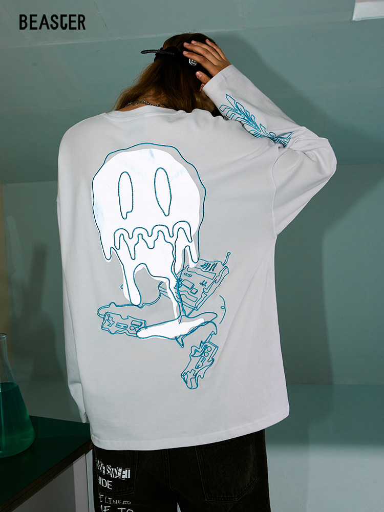 BEASTER little devil smiley face long-sleeved T-shirt lovers grimace letter printing tide brand loose cotton t-shirt tide