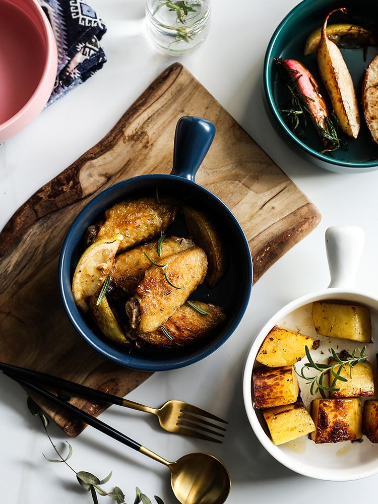 Roasted bowl Nordic household ceramic bowl breakfast baking bowl with the handle of the big bowl of oven baked bread and butter fruit bowl