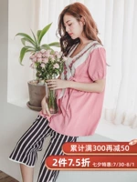 Quần áo sau sinh kimono tay áo ngắn bà bầu đồ ngủ cho con bú quần áo cotton mang thai mùa hè phần mỏng phù hợp với dịch vụ nhà - Giải trí mặc / Mum mặc đồ bộ bầu vải thun