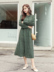 Handu quần áo váy 2019 mùa thu mới của phụ nữ màu xanh lá cây lỏng lẻo eo mỏng chấm bi dài tay nữ - Váy eo cao đầm xoắn eo Váy eo cao