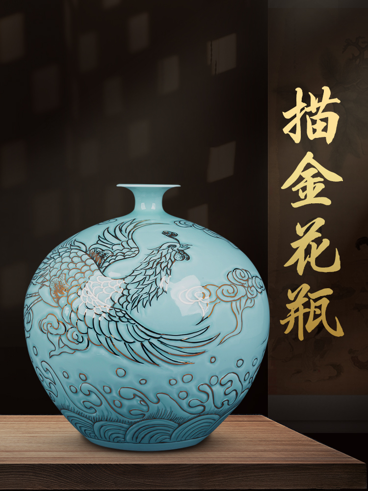 Jingdezhen ceramic masters paint shadow blue bottle pomegranate bottle furnishing articles Chinese rich ancient frame sitting room adornment flower arrangement