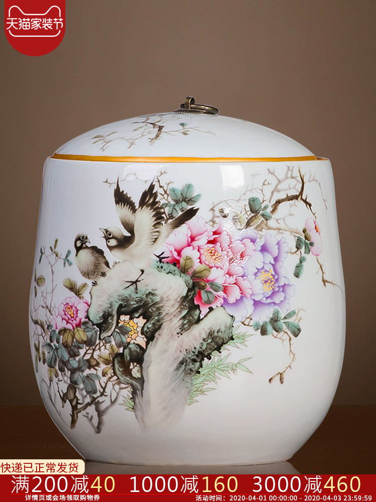 Jingdezhen ceramic famille rose pu 'er tea box seal pot of tea warehouse Chinese style home furnishing articles household storage tank is large