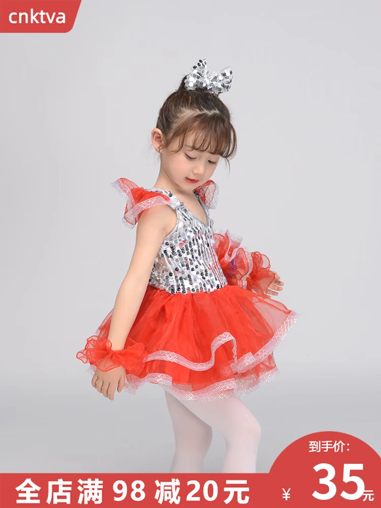 Ngày thiếu nhi Trang phục biểu diễn của trẻ em Trang phục khiêu vũ Cô gái Sequins Vải tuyn Váy công chúa Trang phục biểu diễn Mẫu giáo Múa Jazz - Trang phục