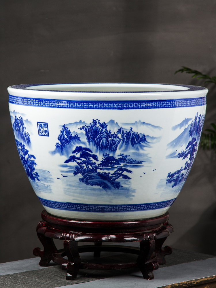 Jingdezhen blue and white ceramics oversized tank lotus garden trees flowers potted is suing ground feng shui furnishing articles