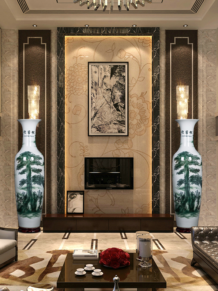 Blue and white porcelain of jingdezhen ceramics guest - the greeting pine of large vases, new Chinese style sitting room place large hotel opening