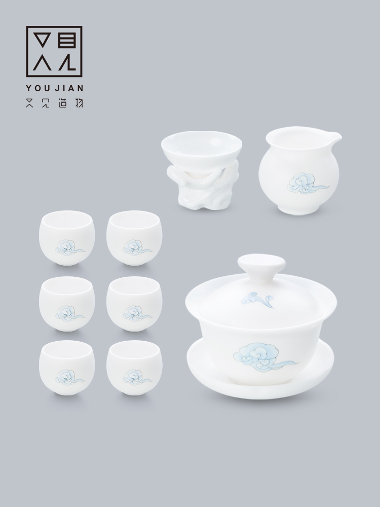 And creation of dehua white porcelain hand - made kung fu tea set suit household contracted tureen tea cups 9 piece combination