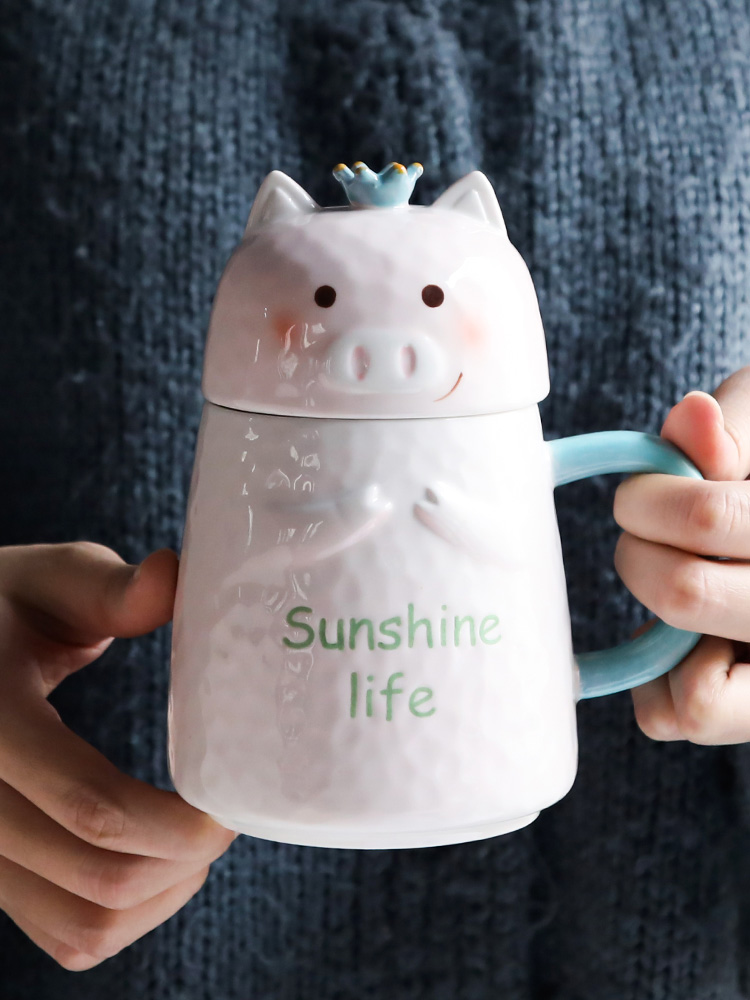 Pig pottery cup getting express cartoon cup of Pig creative mark cup with cover glass move trend