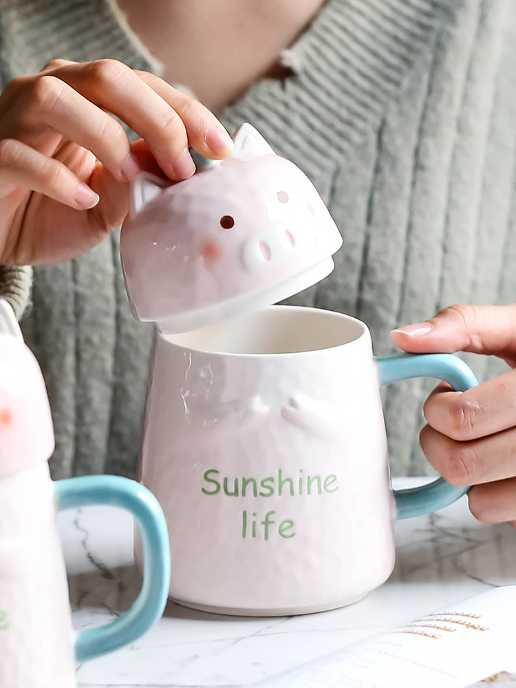 Pig pottery cup getting express cartoon cup of Pig creative mark cup with cover glass move trend