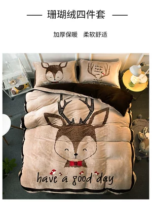 Một gia đình bốn nhung san hô dày ấm luật mùa đông chăn Levin tờ cashmere flannel Bộ đồ giường cashmere hai mặt - Bộ đồ giường bốn mảnh