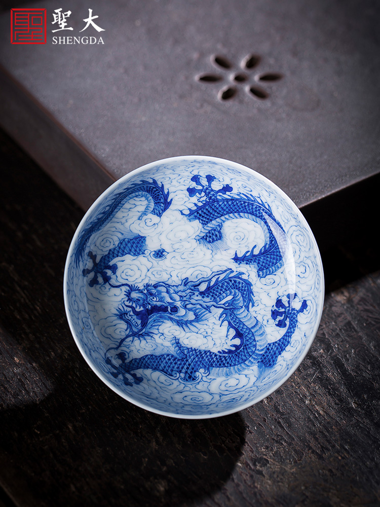 Holy big ceramic kung fu tea sample tea cup ji blue hand - made cloud longfeng pu - erh tea master of jingdezhen tea service