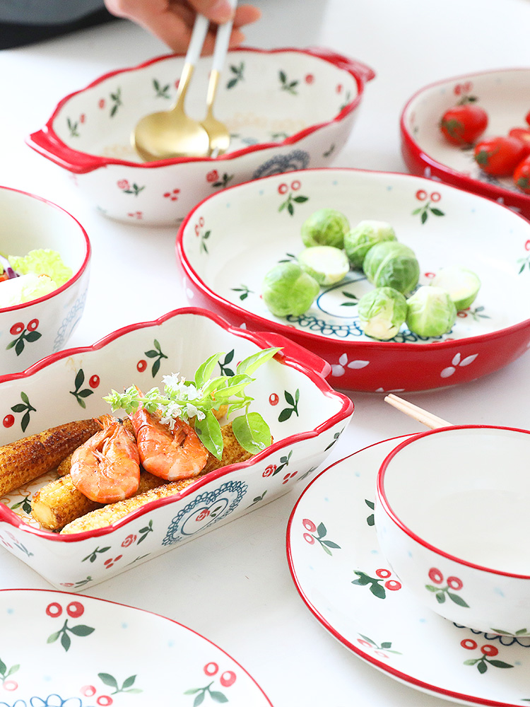 Japanese dishes suit move tableware ins plate household cherry creative web celebrity housewarming gift ceramic bowl