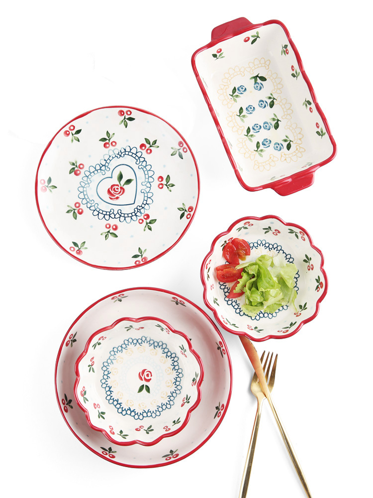 Japanese dishes suit move tableware ins plate household cherry creative web celebrity housewarming gift ceramic bowl
