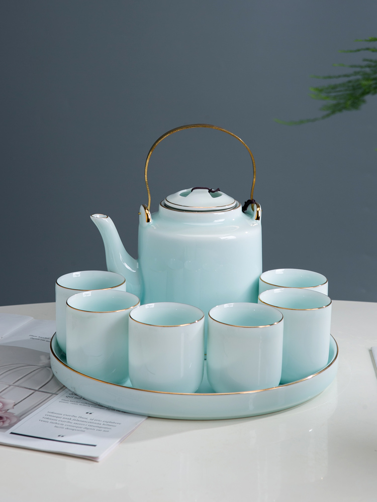 Jingdezhen ceramic tea set a visitor household contracted large celadon girder pot of tea tea tray teapot