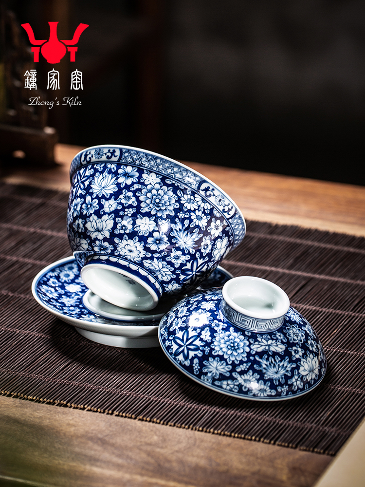 Clock home up tureen jingdezhen blue and white maintain full manual hand - made spend three to make tea tureen kunfu tea bowl