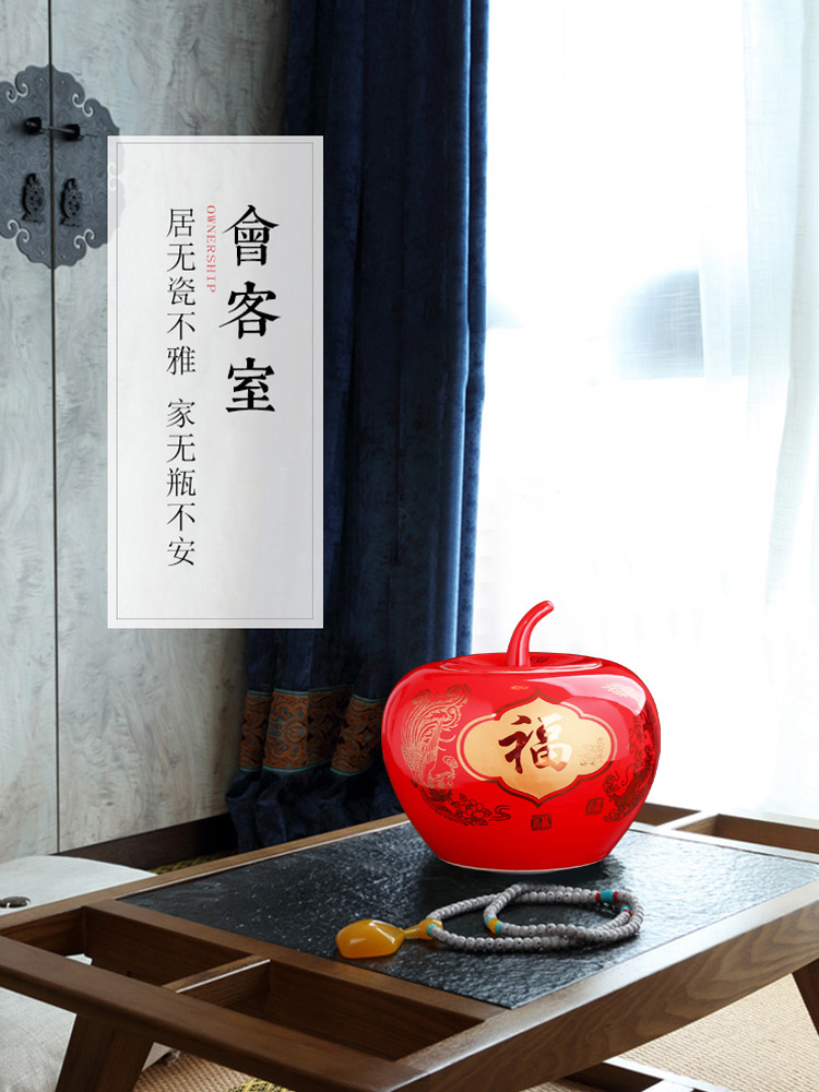 Jingdezhen ceramics red apple storage jar vase of modern Chinese style living room decorate new home furnishing articles gifts