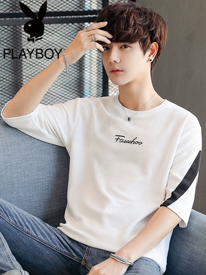 Playboy nam áo thun ngắn tay xu hướng mùa hè đầm lỏng sọc nửa tay mùa hè đáy quần áo nam - Áo phông ngắn áo thun nam cổ tròn Áo phông ngắn