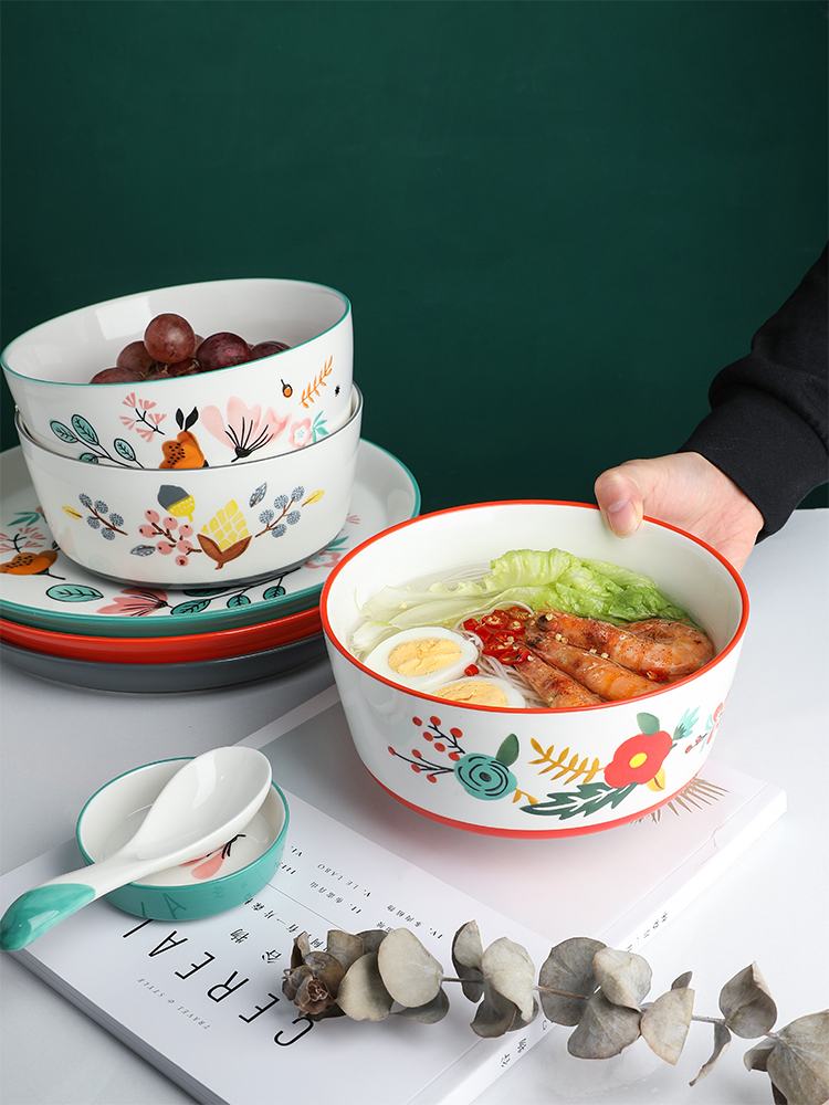 Tinyhome Japanese dishes chopsticks tableware suit creative dishes move ceramic set bowl noodles in soup bowl family