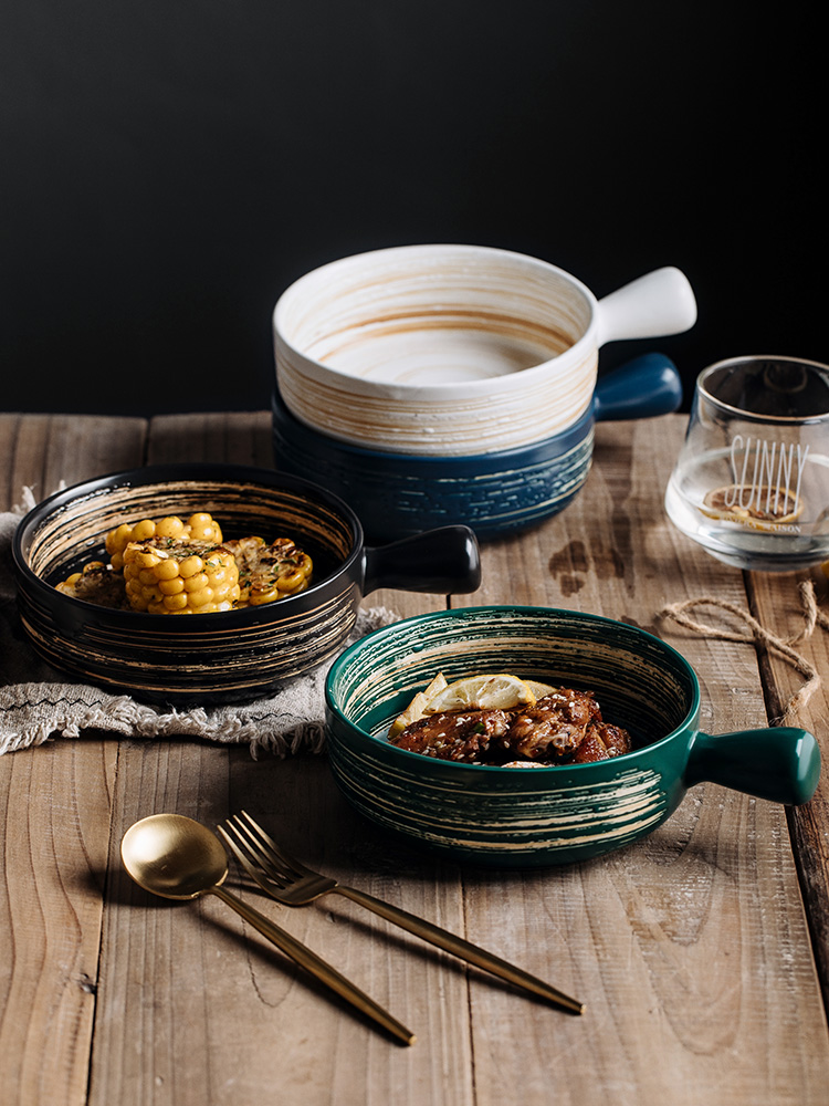 Nordic bowl with the handle, creative household tableware ceramic bowl baking bowl move oven dedicated for the job offer