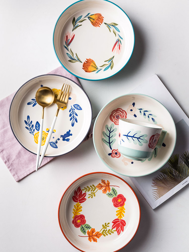 Modern housewives hand - made ceramic tableware suit rural wind western dishes Japanese household food dish bowl rainbow such use