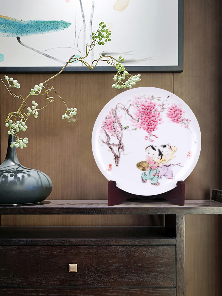 Jingdezhen ceramic furnishing articles tong qu decorative hanging dish sat dish plate Chinese style household living room TV cabinet handicraft
