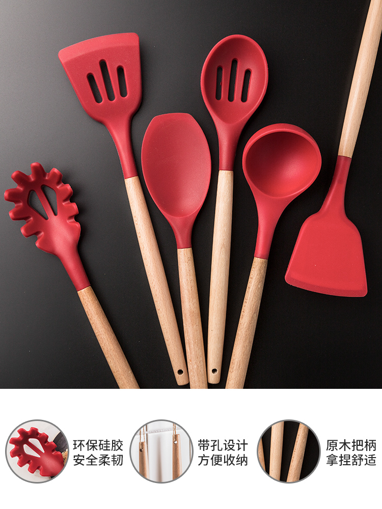 Porcelain color beauty high temperature resistant wood handle silicone titanium pot shovel spoon colander with as cans of kitchen cooking 7 dresses