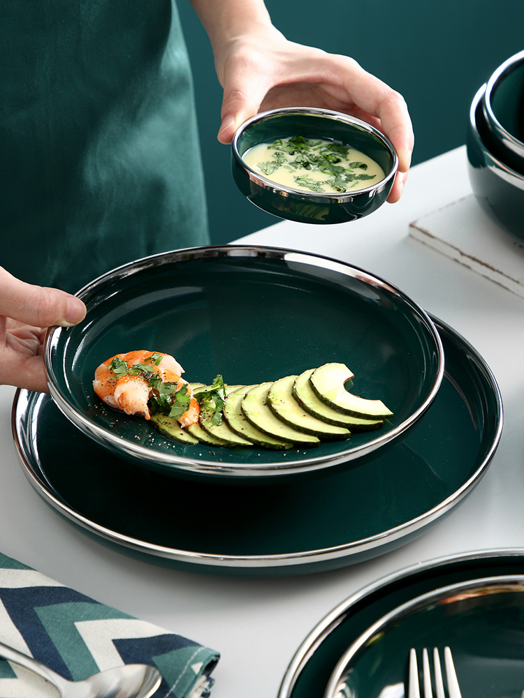 Porcelain color green jade - like stone Nordic silver edge ceramic tableware household dish dish dish soup plate western - style food dish bowl bowl rainbow such use