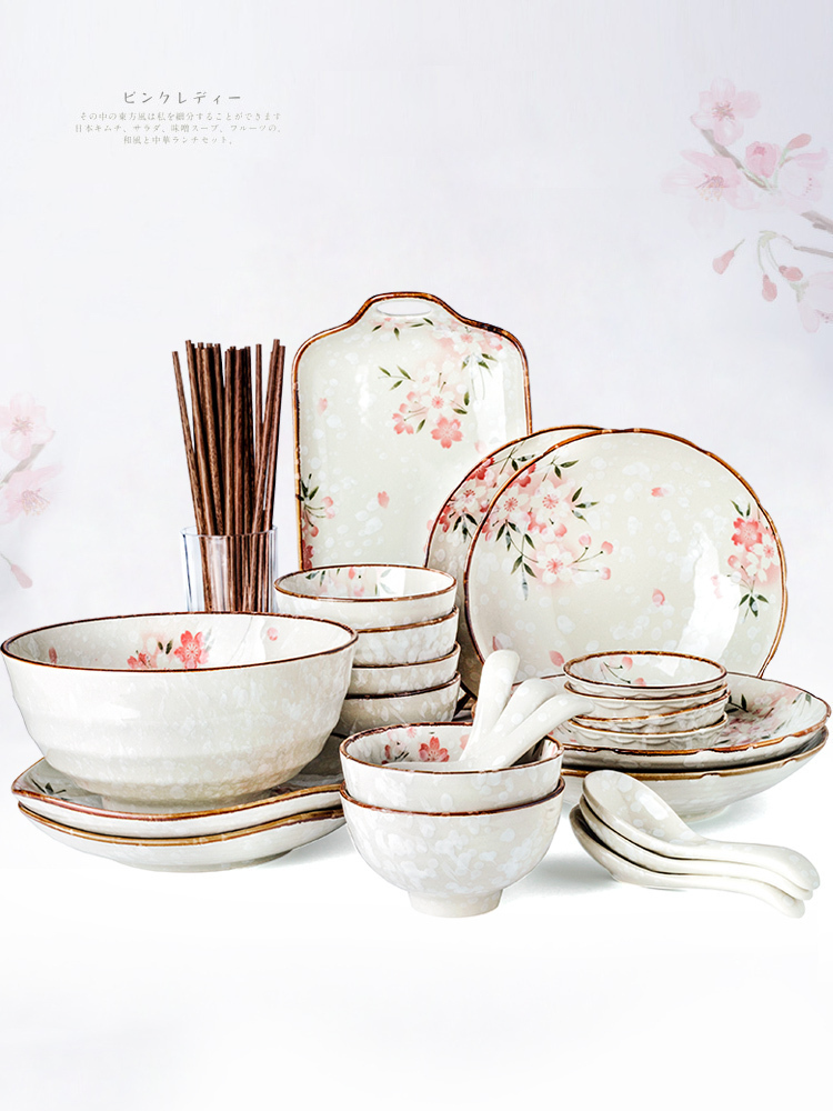 Porcelain color beauty 6 people eat Japanese cherry blossom put ceramic bowl suit household jobs 0 dishes tableware suit the soup bowl