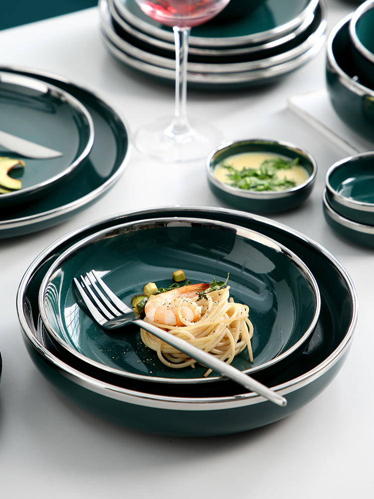 Porcelain color green jade - like stone Nordic silver edge ceramic tableware household dish dish dish soup plate western - style food dish bowl bowl rainbow such use