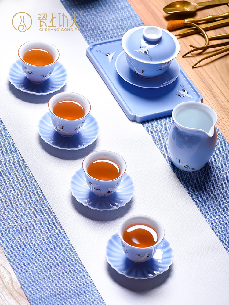 Jingdezhen cranes suit household ceramic cups hand - made kung fu tea set modern household contracted tea gift boxes