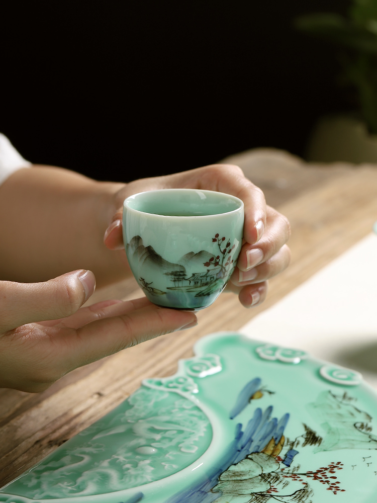 Mud seal hand - made celadon ceramics kung fu tea set with tea tray was home six people landscape feel plate